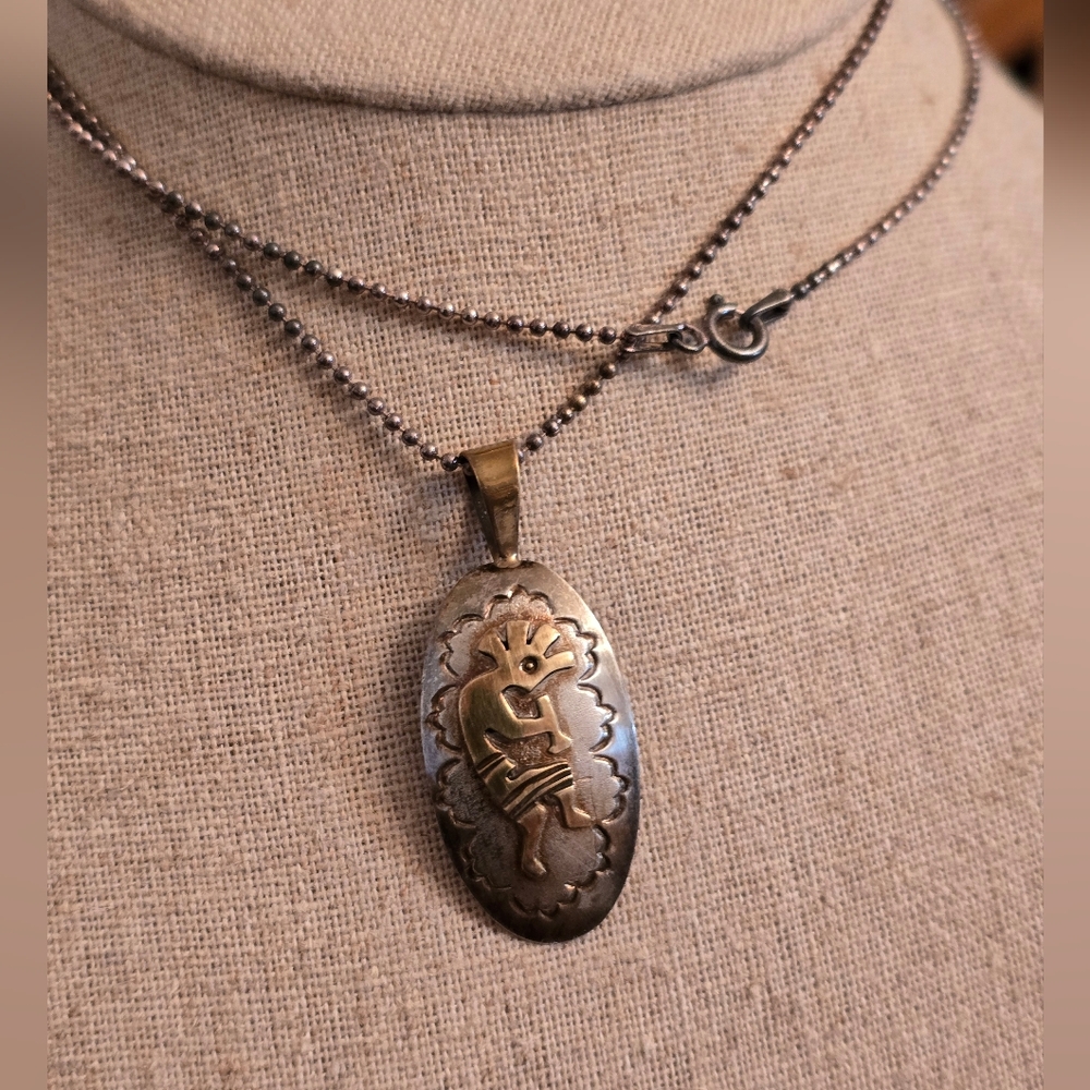 Vintage Sterling Silver 12k GF Kokopelli Charm Necklace Xl Chain